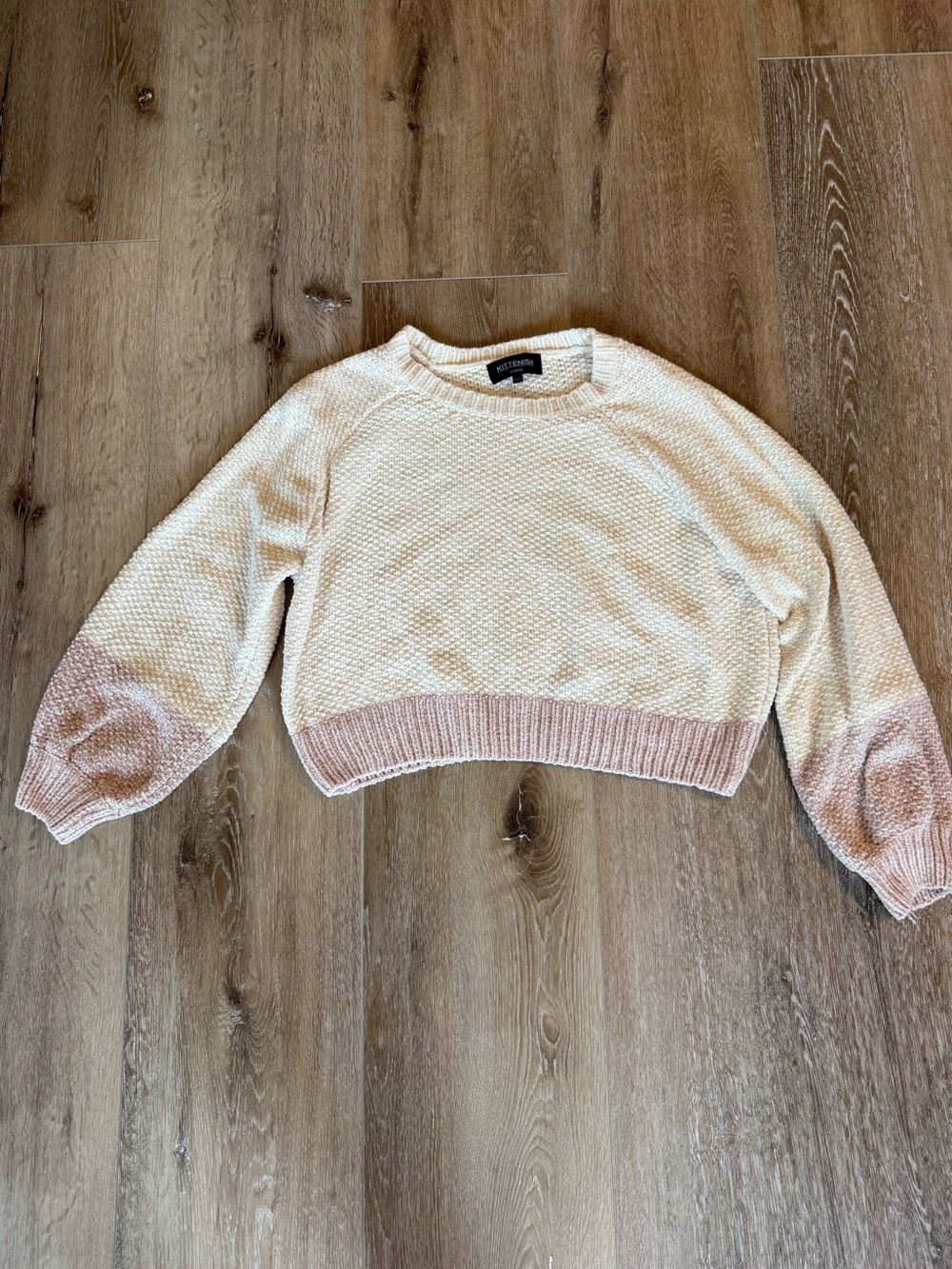 Kittenish Cream Crewneck Sweater with Blush Ombre Trim